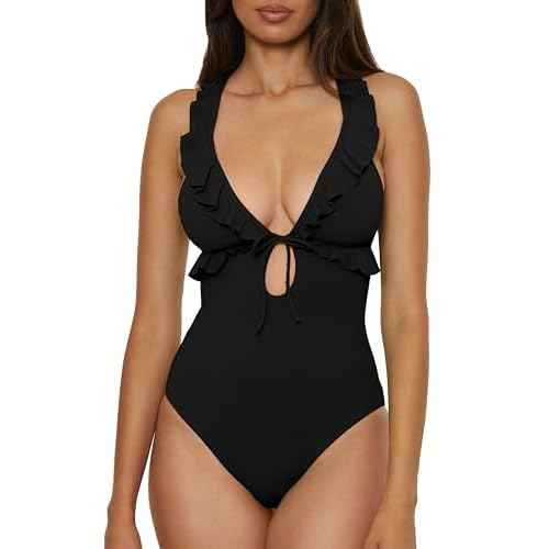 Lucky Brand Women's Sea of Love Ruffle One Piece Swimsuit, Plunge Neck, Bathing Suits