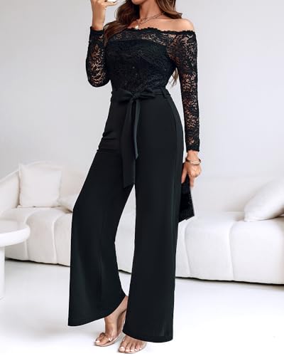 CHICME Womens Dressy Jumpsuits Casual One Piece Outfits Off Shoulder Lace Trim Overalls Straight Leg Pants