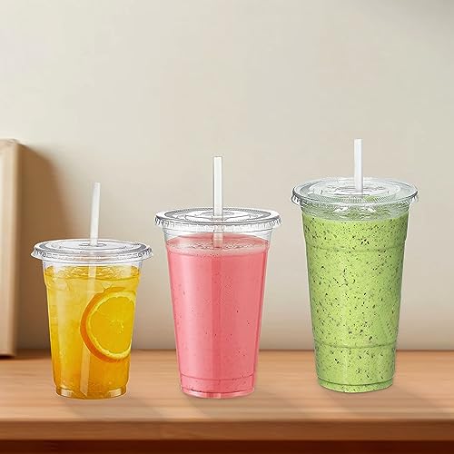 TashiBox[100 sets 12 oz plastic cups with lids and straws disposable, lemonade stand supplies,coffee essentials,smoothie cups