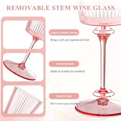 12 PCS Pink Plastic Wine Glasses with Removable Stems 13.5 Oz Pink Ribbed Wine Glasses Square White Wine Glass Muted Paste...