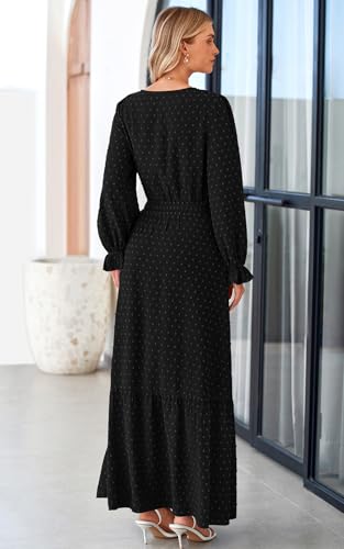 PRETTYGARDEN Women's 2025 Maxi Dress Long Sleeve V Neck Flowy Swiss Dot High Waist Casual A Line Fall Wedding Guest Dresses
