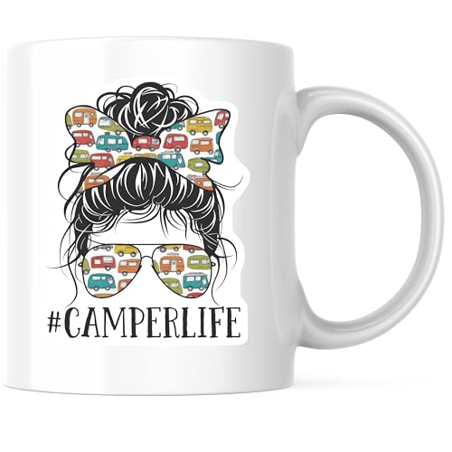 Bliss Monkey Co. Camperlife Coffee Mug - Messy Bun Camper Graphic - Retro Camping 11 Ounce Cup - Printed On Both Sides - P...