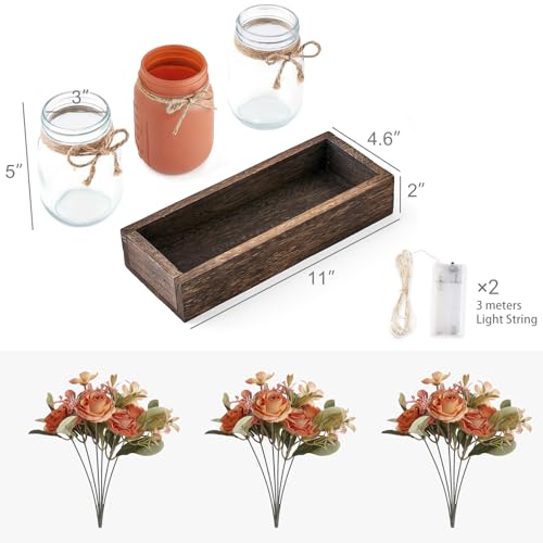 Mkono Mason Jar Lights Centerpiece Table Decorations for Dining Room Farmhouse Coffee Table Decor Tray with 3 Jars Flowers...