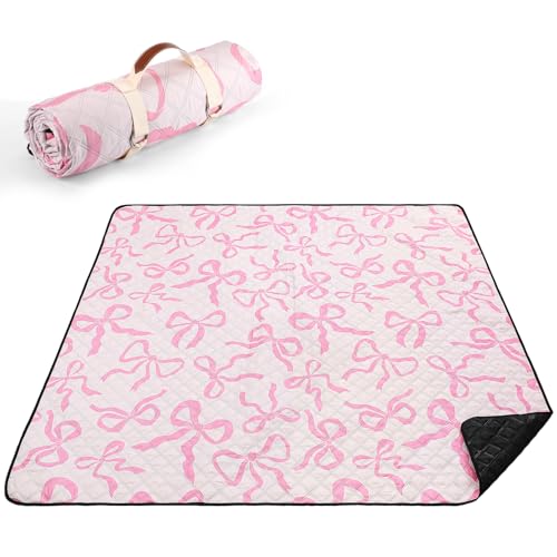SmoothNovelty Pink Bow Picnic Blanket 80'' x 80'' Waterproof Extra Large Camping Blanket Coquette Picnic Mat Foldable Port...
