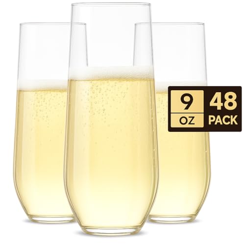 Oojami 9 oz Flute 48 piece Premium Quality Recyclable Unbreakable Crystal Clear Plastic Champagne Glasses Flute in Bulk