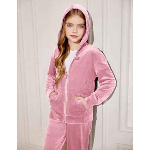 Arshiner 2 Piece Outfits for Girls Velour Tracksuit Hoodie and Jogger Set Sweatsuit Athletic Clothes Sets