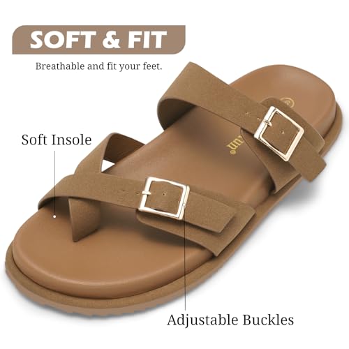 MaxMuxun Women's Slip On Slide Sandals for women 2026, Comfortable Flat Sandals with Adjustable Strap for Outdoor, Beach a...