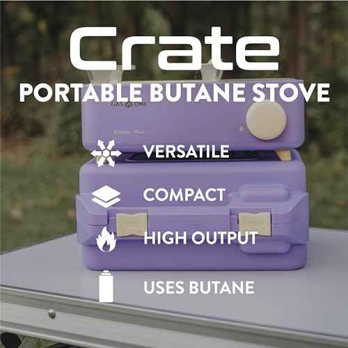 Gas One Butane Fuel Camp Stove ? Crate Series - Mini Stove for Camping, Hiking ? Portable Gas Stove with Spiral Flame ? Even Heat Distribution ? Modern and Easy to Use (Violet)
