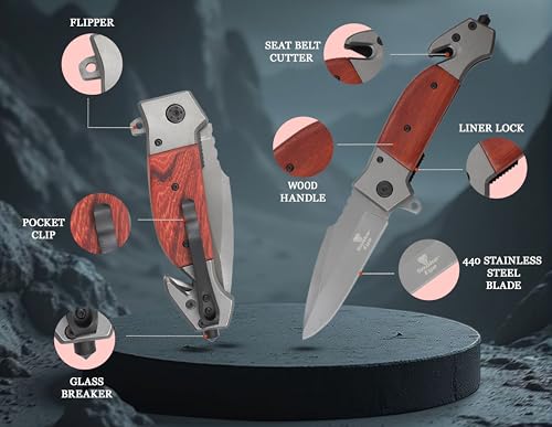 Snake Eye Tactical Rescue Style Every Day Cary Hunting, Camping Folding Pocket-Folding Wood Handle EDC Knife 1019WD
