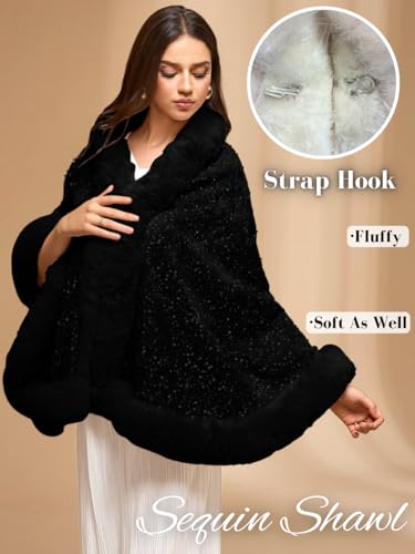 EHSUYAB Women's Sequin Faux Fur Shawl Wrap, Winter Bridal Wedding, Luxury Elegant Velvet Fur Coat Jackets Cape Evening Party