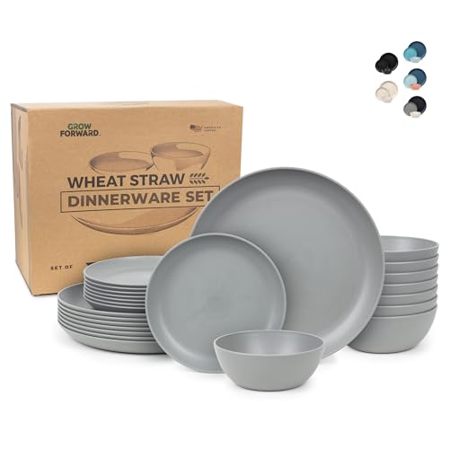 Grow Forward 24-piece Premium Wheat Straw Dinnerware Sets for 8 - Unbreakable Dishwasher & Microwave Safe Plastic Plates a...
