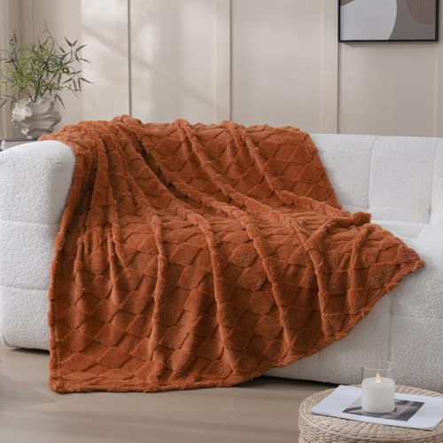 Burnt Orange Throw Blanket for Couch Sofa Bed 50x60 inches,Fleece Blankets Microfiber Flannel with Diamond Checkered Patte...