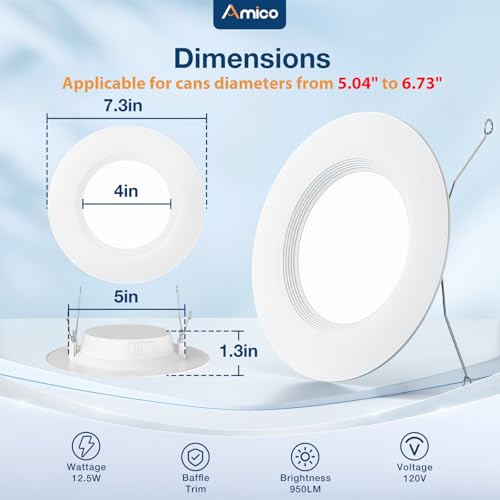 Amico 4 Pack 5/6 inch 5CCT LED Recessed Lighting, Dimmable, 12.5W=100W, 950LM, 2700K/3000K/4000K/5000K/6000K Selectable, R...