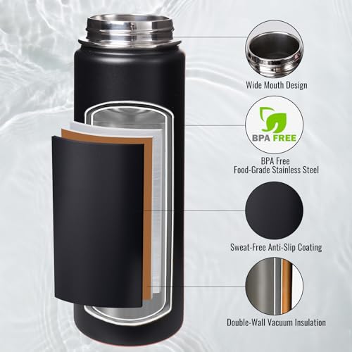 Fijinhom 24 oz Insulated Water Bottle with Handle, 304 Stainless Steel Water Bottles with Wide Mouth, Double Wall Vacuum S...