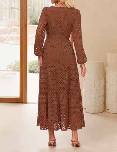 ZESICA Women's 2026 Spring Long Sleeve Maxi Dress V Neck Hollow Out Eyelet A Line Long Flowy Casual Party Dresses