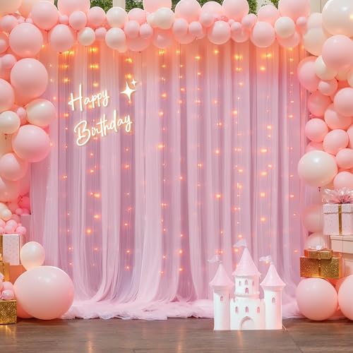 10x10ft Pink Tulle Backdrop Curtains with Lights String for Parties,Wrinkle Free Sheer Curtain with Lights Wedding Photo B...
