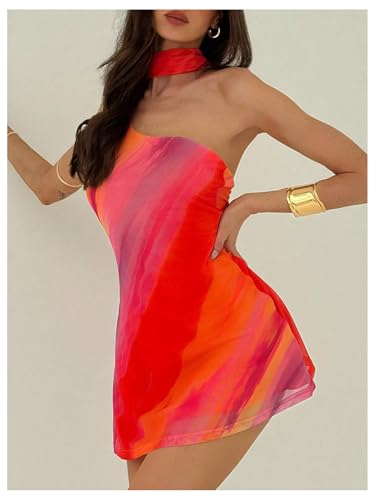 MakeMeChic Women's Summer Y2k Mini Dress Backless Vacation Dress One Shoulder Mesh Dress with Scarf