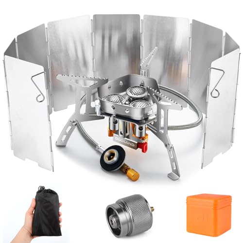 Odoland 3500W/6800W Windproof Camp Stove Camping Gas Stove with Windscreen, Fuel Canister Adapter, Piezo Ignition for Outd...