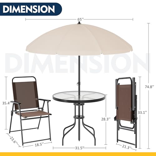 Shintenchi 6 Piece Patio Dining Set with Umbrella, Outdoor Furniture Set with 4 Folding Chairs and Tempered Glass Top Dini...