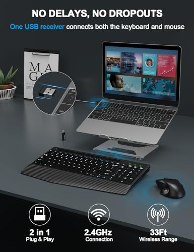 Wireless Keyboard and Mouse Combo, Ergonomic Keyboard with Wrist Rest, Phone Holder, Sleep Mode, 2.4G Lag-Free Rechargeabl...