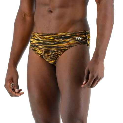 TYR Men's Standard Durafast Elite Racer Brief Swimsuit, Gold Fizzy, 38