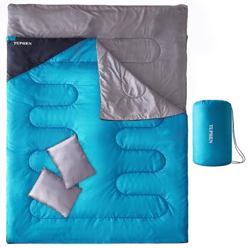 Tuphen Double Sleeping Bag, Sleeping Bag with 2 Pillows, Queen Size XL Bag for 2 People, Cold Warm Weather- 3 Seasons, Wat...