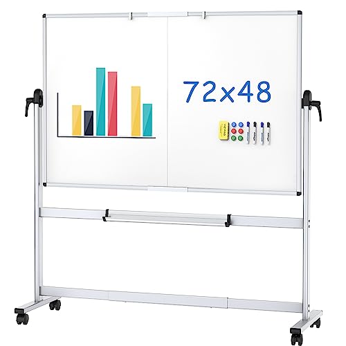 VIZ-PRO Double-Sided Mobile Whiteboard, 72 x 48 Inches, Magnetic Rolling Dry Erase White Board on Wheels with Aluminium Fr...