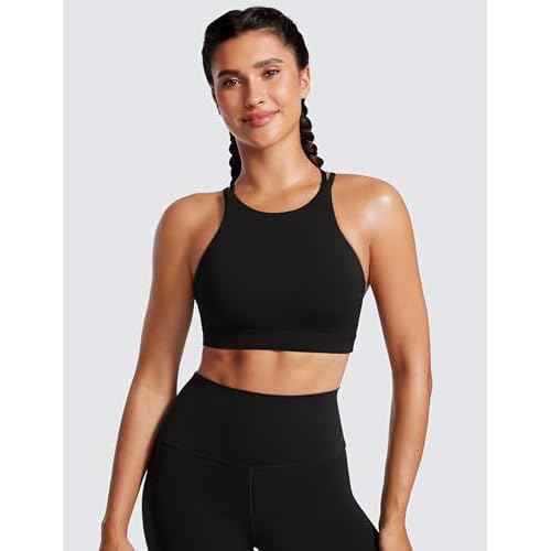 CRZ YOGA Womens Butterluxe High Neck Longline Sports Bras - Criss Cross Halter Wireless Padded Gym Workout Crop Top