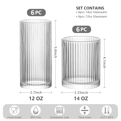 INSETLAN 12-Piece Ribbed Glassware - 6 Highball Glasses 12 oz, 6 Rocks Glass Cups 14 oz, Vintage Cocktail Drinking Glasse...