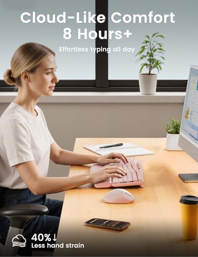 Pink Quiet Wireless Keyboard and Mouse Combo, 2.4G Ergonomic Wave Key Board with Cushioned Plam Rest, Full-Size Soft Typin...