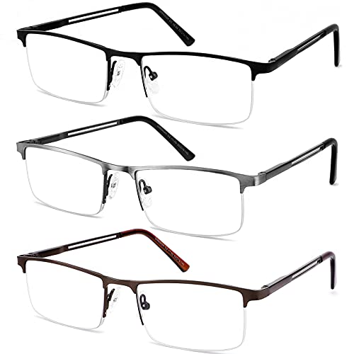 JJWELL 3 Pack Blue Light Reading Glasses for Men, Lightweight Metal Rectangle Semi Rimless Readers for Men, Anti Eyestrai...