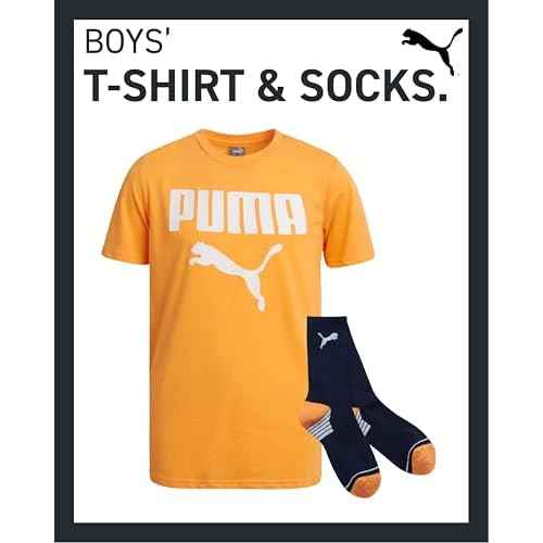 PUMA Boys T-Shirt - 2 Piece Casual Crewneck Short Sleeve Athletic Graphic Tee Shirts for Boys with Matching Socks (S-XL)