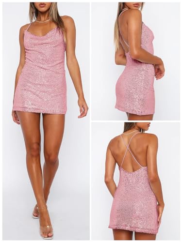 MIYIEONZ Women's Sequin Sparkly Glitter Dress Sexy Sleeveless Backless Spaghetti Strap Party Club Bodycon Mini Dress