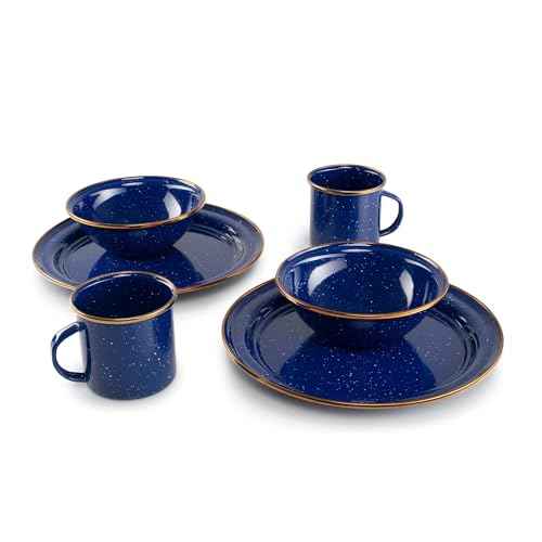 GSI Outdoors Mesa 2-Person Enamelware Dining Set 6-Pieces ? Lapis with Bronze-Finished Stainless Steel Rim, Dishwasher Safe, Lapis