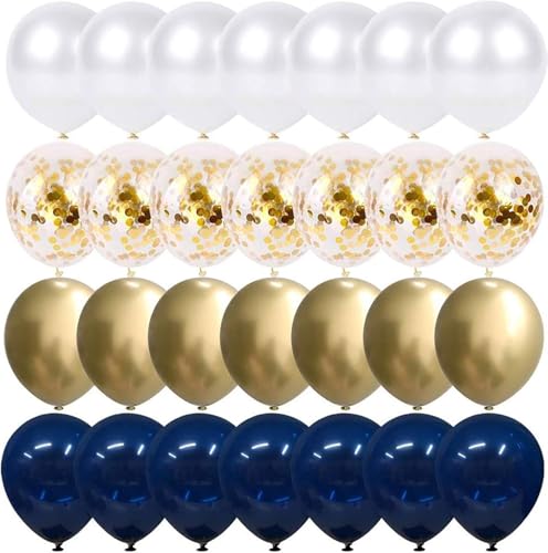 Navy Blue and Gold Confetti Balloons, 50 pcs 12 inch Pearl White and Gold Metallic Chrome Birthday Balloons for Celebratio...