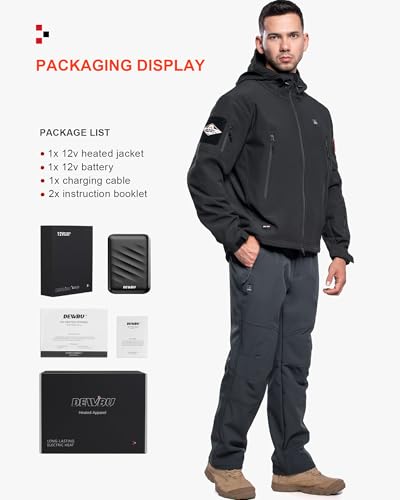 DEWBU Heated Jacket for Men with 12V Battery Pack Winter Outdoor Soft Shell Electric Heating Coat