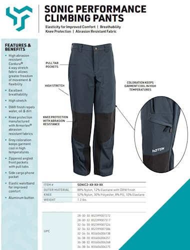 Notch Sonic Gen II Performance Climbing Pants Abrasion-Resistant Cordura 4-Way Stretch Fabric, Excellent Breathability, DWR