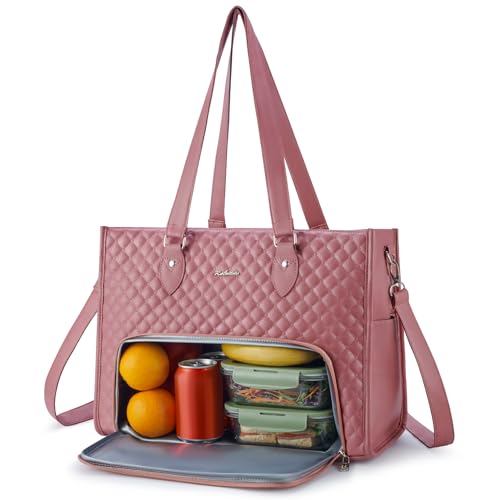 Ralnitote Laptop Tote Bag with Insulated Lunch Compartment for Women, PU Leather 15.6 Inch Work Bag, Elegant Computer Hand...