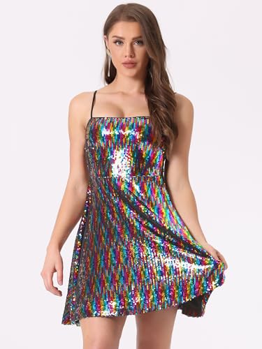 Allegra K Women Sequin Mini Dresses Party Club Adjustable Spaghetti Strap Festival Outfits Sparkly Disco Dress