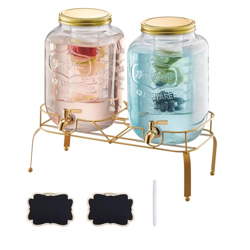 VEVOR Beverage Dispenser, 2 Pack 2 Gallon Drink Dispensers for Parties, Glass Juice Dispenser with Metal Stand, Stainless ...