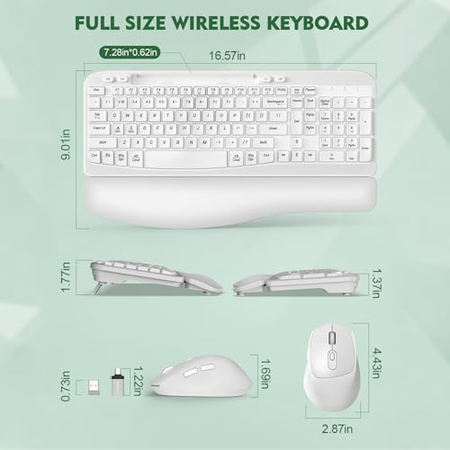 Wireless Keyboard and Mouse Combo, Wave Keys Full-Sized Ergonomic Keyboard with Cushioned Plam Rest, Phone Holder, Comfort...