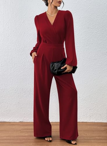 Pink Queen 2025 Jumpsuits for Women Dressy Long Sleeve V Neck Wide Leg Pants Romper Business Casual Outfits