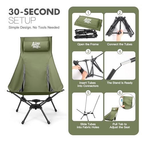 AuroraTrail High Back Folding Camping Chair with Pillow – Lightweight Portable Outdoor Chair with Cup Holder & Carry Bag, ...
