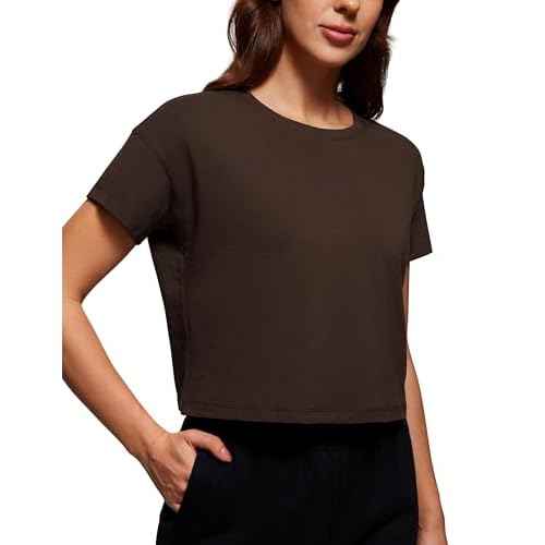 CRZ YOGA Pima Cotton Relaxed Crop T-Shirts for Women - Workout Athletic Gym Casual Short Sleeve Shirts Loose Crewneck Tops