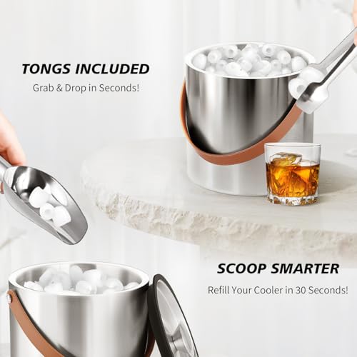 Bakpoco Double-Wall Vacuum Insulated Ice Bucket with Lid, Scoop, Ice Tong, Strainer & Leather Handle Keep Ice Frozen Longe...