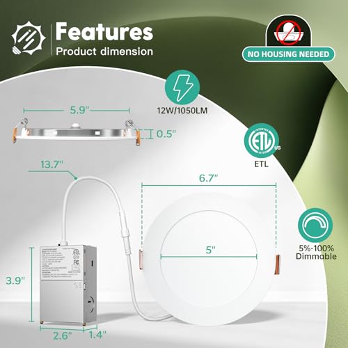 FREELICHT 24 Pack 6 Inch 5CCT Ultra-Thin LED Recessed Ceiling Light with Junction Box, 2700K/3000K/3500K/4000K/5000K Selec...