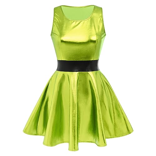 IMEKIS Women Girls Anime Halloween Costume Rave Outfit Metallic Mini Skater Dress Cosplay 80s Birthday Outfit