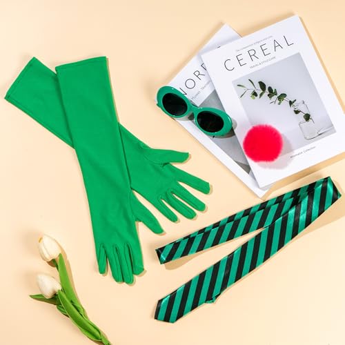 Eybila 4 Pcs Halloween Costume Accessories Stripe Tie Green Sunglasses Long Gloves Pink Pom Pom Balls Pin Cosplay Party