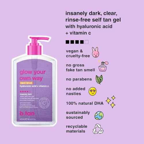 b.tan Insanely Dark Clear Self Tan Gel | Glow Your Own Way Next Level - Best, Transfer-Resistant Sunless Tanning Lotion, Ultra Quick Bronze, No Fake Tanner Smell, 16 Fl Oz