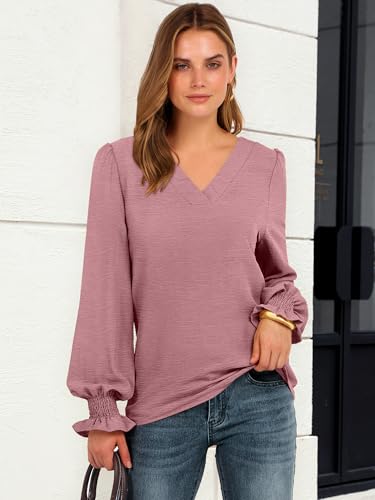 ANRABESS Women's Business Casual Tops V Neck Puff Long Sleeve Shirts Dressy Office Work Blouse 2026 Fall Outfits Clothes
